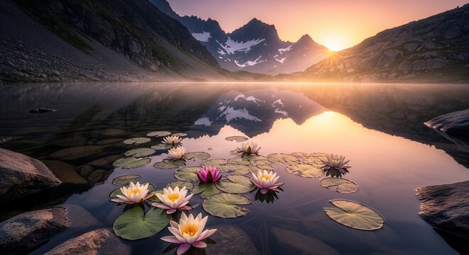 Mountain lake lily pads sunrise