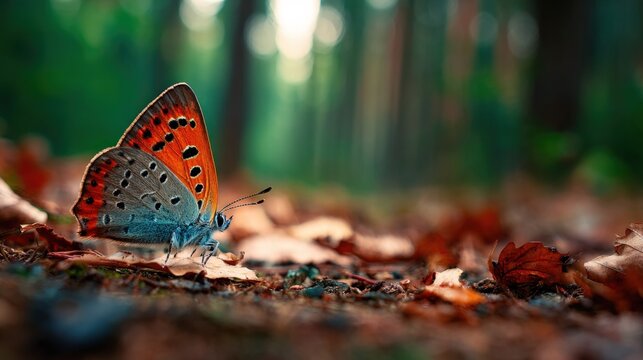 Copper butterfly resting on fallen leaves in forest under soft sunlight