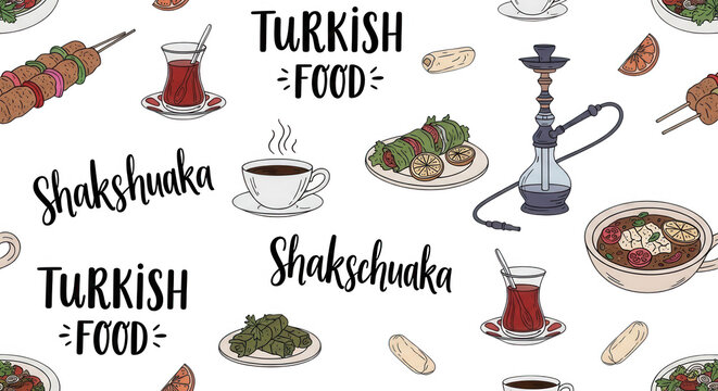 Seamless pattern of turkish food, including shish kebab, shakshuka, tea in tulip glasses, and hookah pipes on a black background