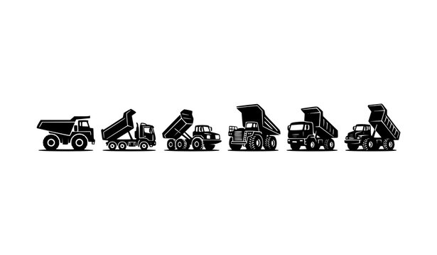 Minimal dump truck silhouette icons vector set industrial transport and heavy vehicle symbols