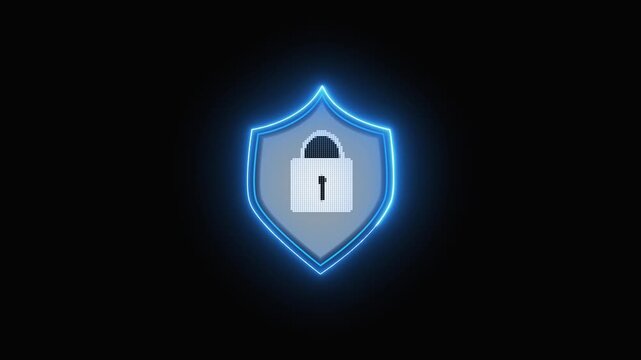 A glowing shield with a lock symbol representing digital security and protection
