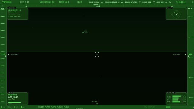 A monochromatic green heads up display mimics a futuristic cockpit or soldier s visor. The screen features rotating tactical data, including mission objectives, weapon status for a Gauss rifle, and su