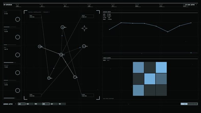 A complex futuristic head up display featuring a central tactical constellation map with interconnected nodes. The interface displays real time telemetry including oxygen levels, biosign monitors, and