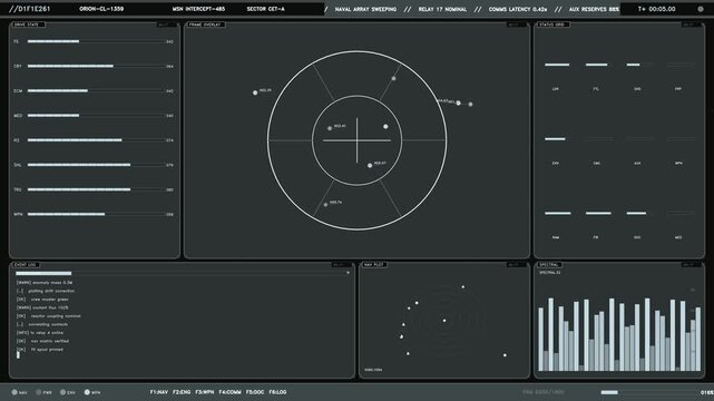 A sophisticated dark grey futuristic heads up display featuring multiple telemetry modules including a central circular radar reticle, scrolling event logs, and real time spectral data visualizations.