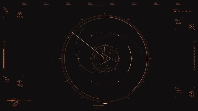 This futuristic HUD animation features a detailed orange interface on a dark background. The central composition displays a rotating circular radar with compass markers and spiral patterns. Peripheral
