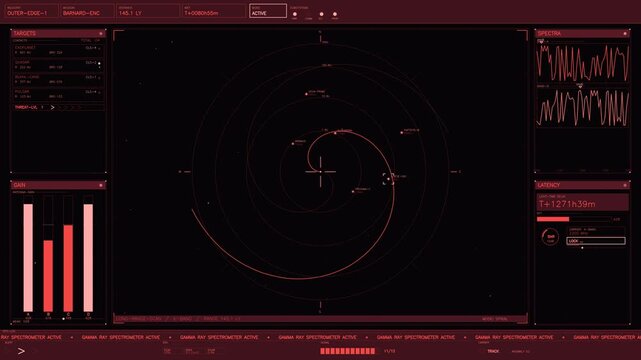 A detailed red futuristic head up display interface showing deep space navigation and mission telemetry. The screen features a central spiral radar scanner tracking distant celestial bodies like exopl