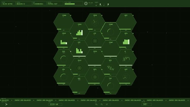 A green monochrome futuristic head up display featuring a complex hexagonal grid of system status indicators. The interface displays real time telemetry including power levels, cargo capacity, life su