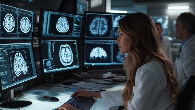 Female doctor working on multiple computer screens in an office, showing images of brains and brain scans, surrounded by other doctors as they exchange ideas about the medical diagnosis and treatment