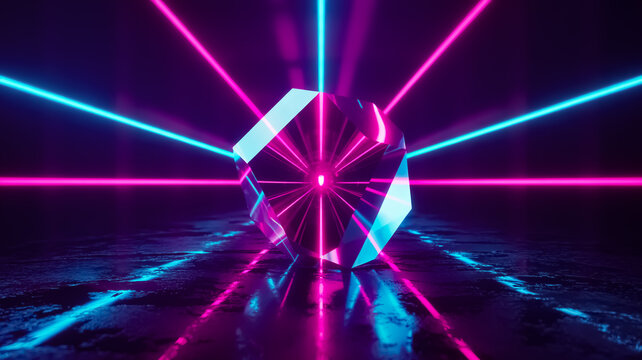 Neon Light Rays and Crystal Cube