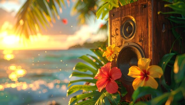 Vintage wooden speaker playing music on tropical beach at sunset