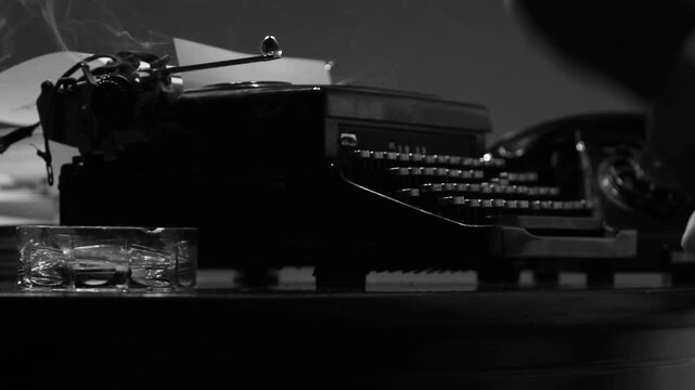 Vintage Typewriter and Rotary Phone in Noir Office Scene