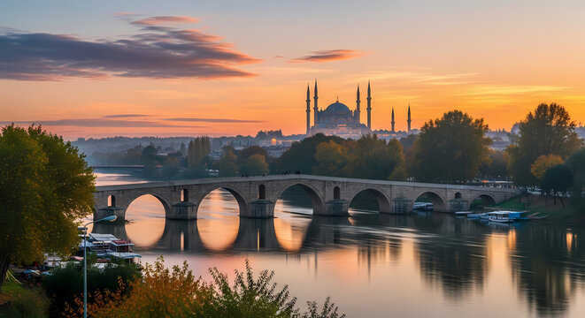 Historical stone arched bridge over river with mosque silhouette.