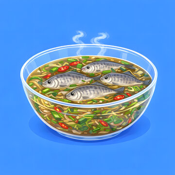 Illustration of Trey Noam, traditional Cambodian raw fish salad with fresh herbs and chili in a glass bowl.