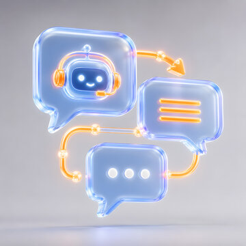 Modern AI conversation flow icon featuring layered translucent speech bubbles and glowing connection lines. Ideal for chatbot systems, SaaS communication tools, workflow automation, and futuristic