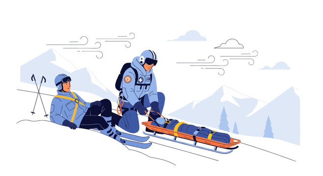 Ski Patrol Rescues Injured Skier in Snowy Mountain Landscape