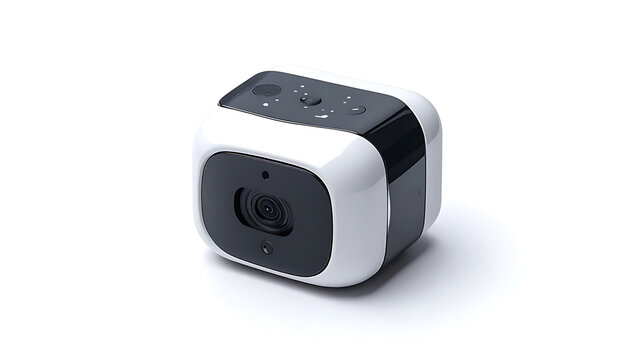Isolated compact cube-shaped digital camera with dark lens and buttons on white background, technology and gadget concept