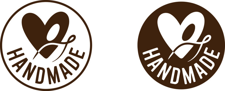 Handmade badge logo set with heart and script design in brown for craft branding and packaging