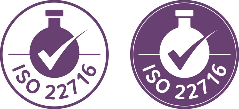 ISO 22716 certification badge vector icon for cosmetics quality assurance and GMP compliance