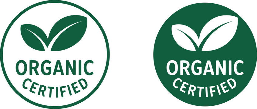 Organic certified badge icons with green leaf symbols for eco-friendly food packaging and product labeling