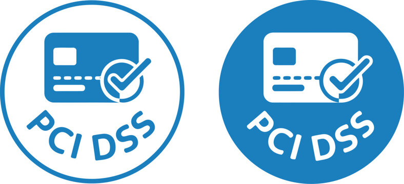 PCI DSS compliance icon set with credit card and checkmark in blue circle for secure payment standards
