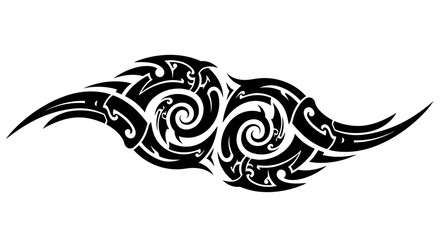 Fototapeta premium Swirls form an abstract tribal design composed of interconnecting loops and sharp, flowing black curves on a white field.
