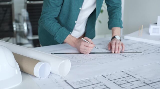 Architect drawing on blueprint plans with ruler and pen, designing new building construction project, engineering workspace. Architecture and business concept
