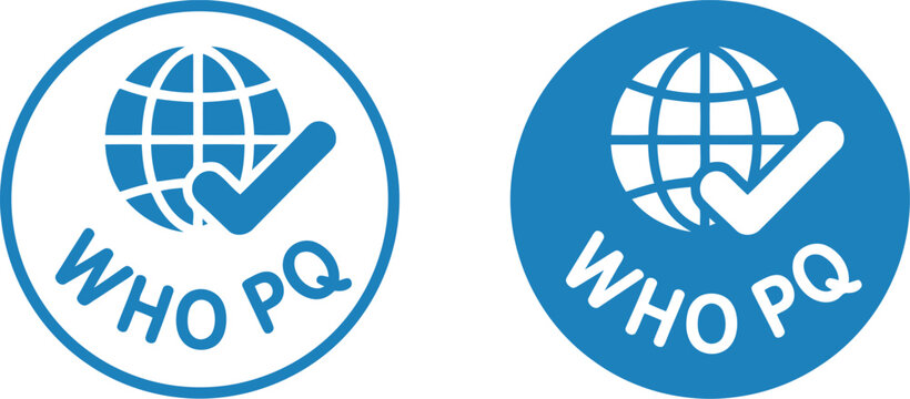 WHO PQ certification icon set with globe and check mark in blue vector style for quality assurance