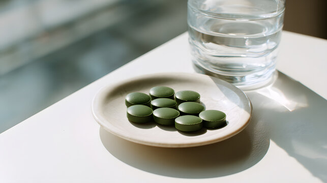 infamy. Dark green supplement tablets on white plate with glass of water, minimalist health. bar promotions, beverage menus, designed for product packaging and bar promotions, used by brand managers.
