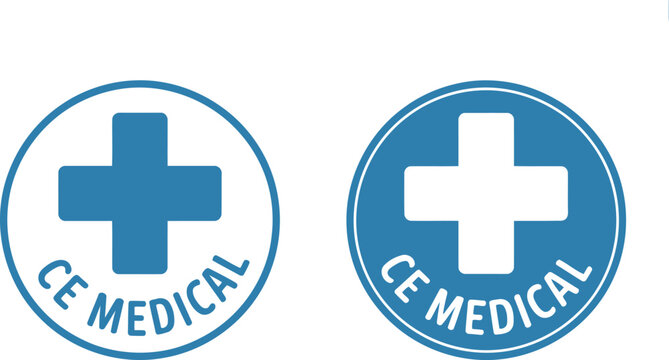 Blue CE Medical Certification Badge Icons with Cross Symbol for Healthcare and Compliance