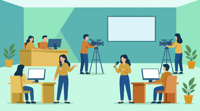 Television studio team working on a broadcast production or news report