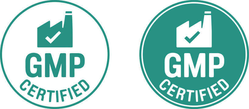 GMP Certified Badge Vector Icon Set for Pharmaceutical Manufacturing and Quality Assurance Labels