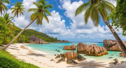 Fototapeta premium Tropical summer beach scene seychelles coastline with palm trees and granite boulders