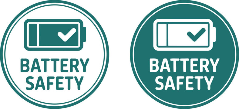 Battery Safety Icon Set with Check Mark for Electrical Device Compliance and Warning Labels