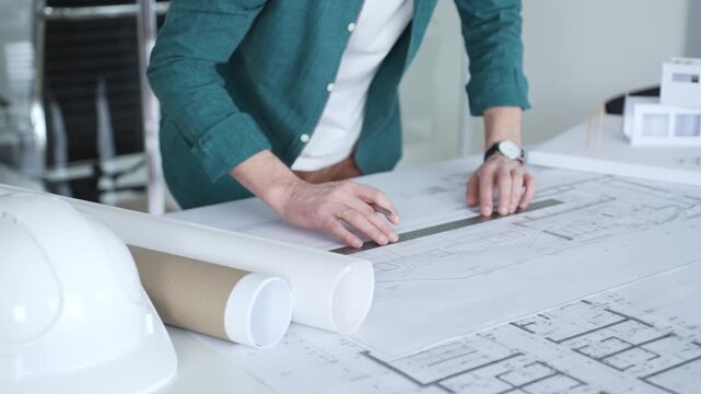 Architect drawing on blueprint plans with ruler and pen, designing new building construction project, engineering workspace. Architecture and business concept