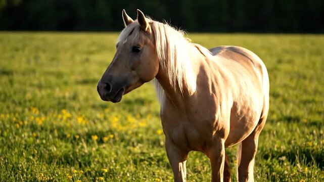 Palomino horse grazes in a lush green pasture under natural sunlight