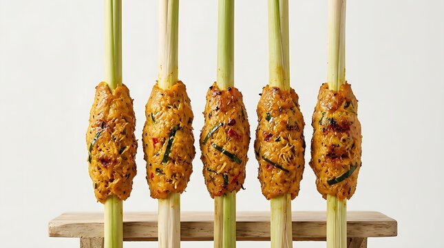 Traditional Balinese Sate Lilit minced meat skewers on lemongrass sticks with clean minimalist background and bright studio lighting