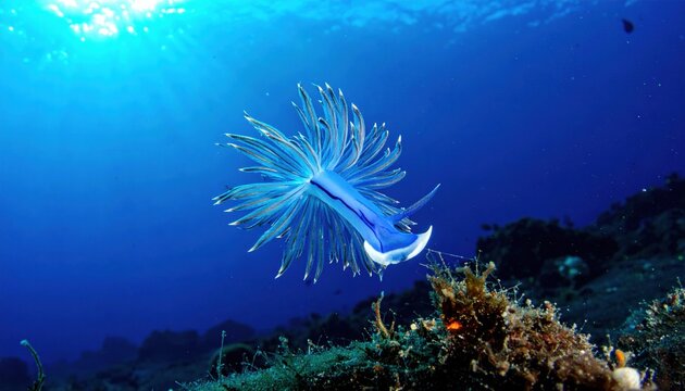 Vibrant blue Glaucus Atlanticus sea slug drifting above a tropical reef, showcasing its silver cerata and electric cerulean hues in a cinematic underwater wide screen banner composition.