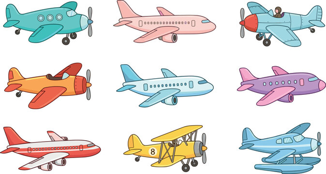 Collection of Cartoon Airplane and Aircraft Vector Icons Including Commercial Jets Propeller Planes Biplanes and Seaplanes for Children Travel and Aviation Design