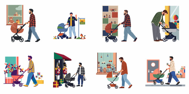 Set of flat illustrations featuring fathers walking with baby strollers in various settings, including visits to toy stores and city streets.