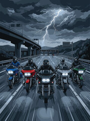 Obraz premium Vector image of bikers looking back on the highway