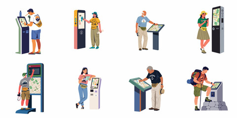Diverse tourists and travelers using digital interactive map kiosks and information stands for navigation in various settings, flat vector illustration collection. © Nadya