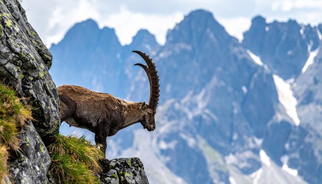 Majestic Alpine Ibex goat with spectacular long curved horns standing on a narrow mountain ledge against a blurred backdrop of jagged snowy peaks and blue sky in a cinematic widescreen composition.
