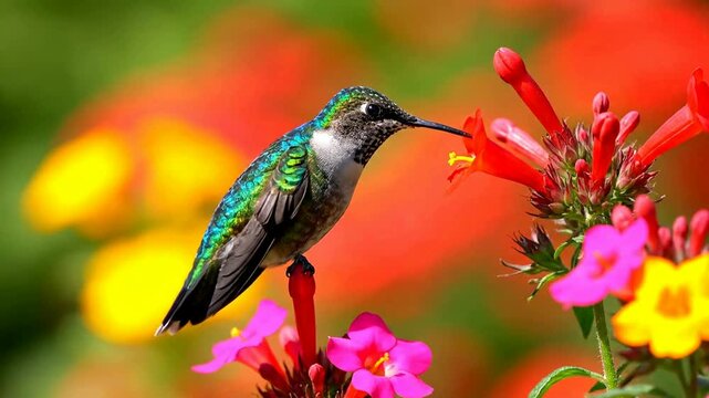 vibrant emerald and iridescent green hummingbird delicately sipping nectar from colorful pink and orange tubular flowers in bright natural sunlight capturing vivid closeup nature beauty vibrant