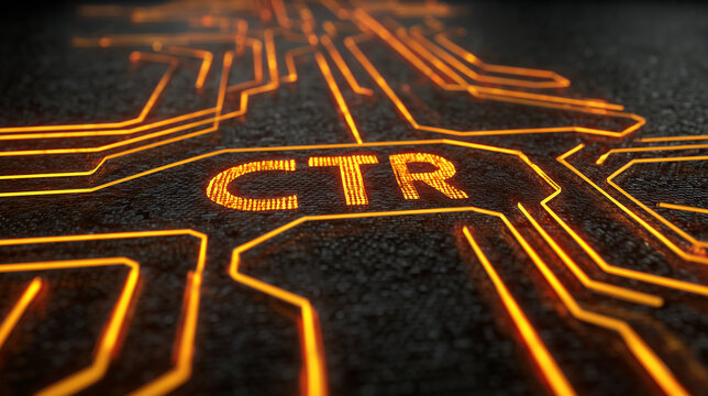 Close-up low-angle macro of illuminated Ctr letters and circuit traces on matte black surface with warm neon glow