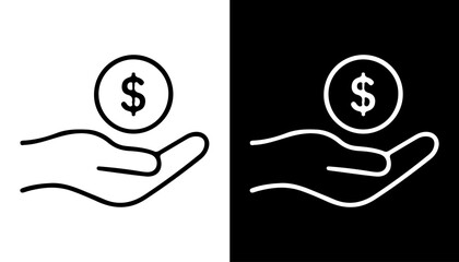 Financial Aid Icon: Simple, minimalistic illustration of a hand presenting a dollar coin, conveying concepts of financial assistance and investment. © iconstore