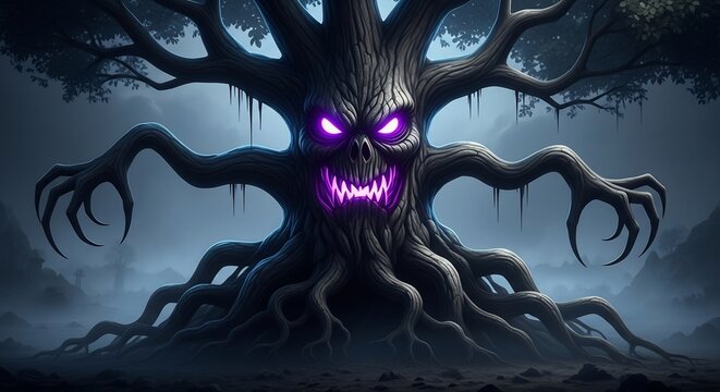 A menacing, gnarled ancient tree with glowing purple eyes and sharp teeth, appearing as a monstrous entity in a dark, foggy forest.