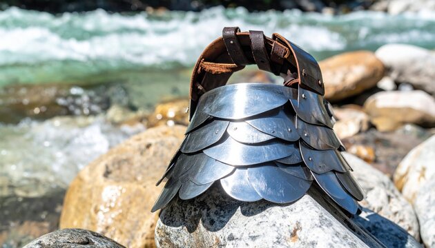 Handcrafted Steel Neck Guard with Overlapping Scale Plates and Leather Straps Resting on Smooth River Stones, Medieval Armor Gorget in a Cinematic Outdoor Setting with a Rushing Water Background.