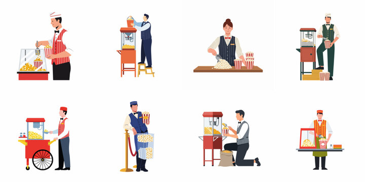 A collection of movie theater or carnival workers in uniforms preparing and serving fresh popcorn using various machines and carts.