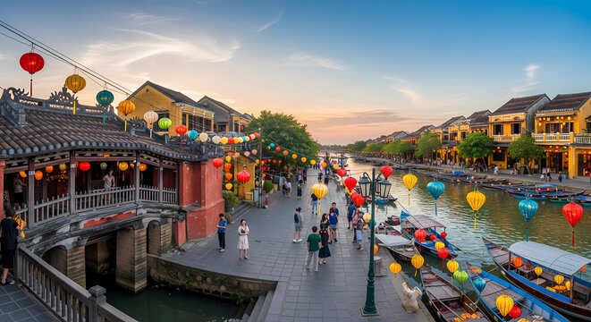 Colorful lanterns decorating ancient town bridge over river at sunset.