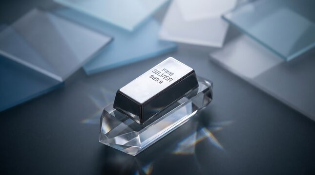 Fine Silver Bullion Bar on Crystal with Silver Market Background